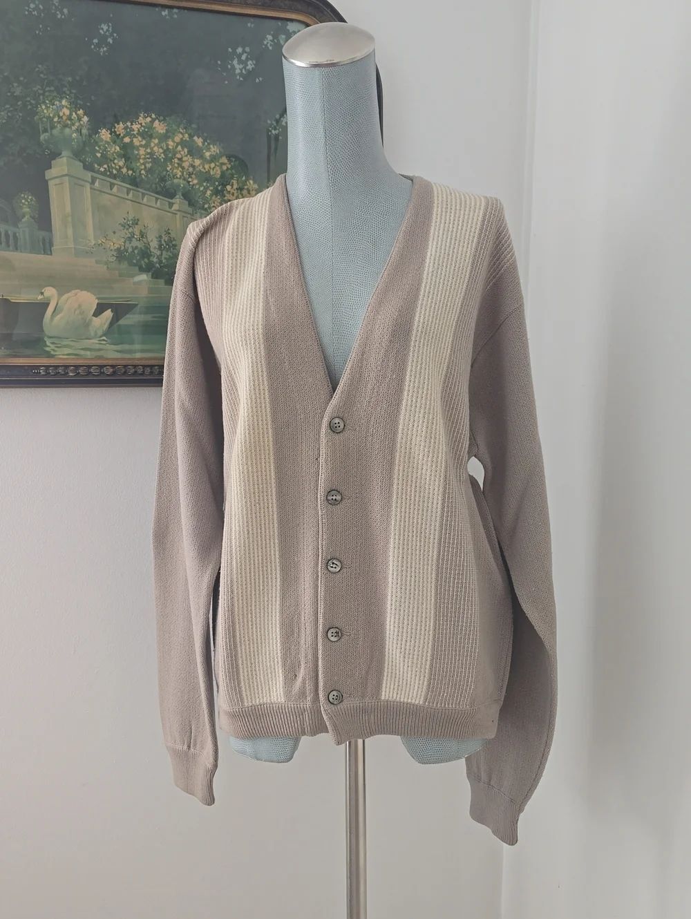 Lord Jeff | Taupe and Cream Button-Front V-Neck Wool Sweater